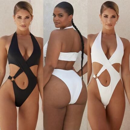 Sexy One-Piece Swimsuit Women's Solid Color Cross Hollow Large Size Bikini