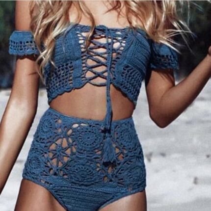Knitted Swimwear Women Bikini Set Off Shoulder Swimsuit Bandeau Swimming Suit for Women Bandage High Waist Bathing Suit