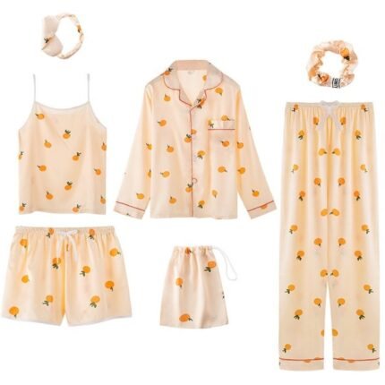 Simulated Silk Striped Seven-piece Loungewear