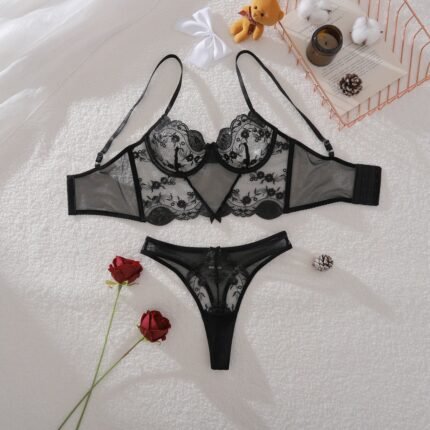 Breathable flower lace bow accessories hollow shaping pure desire sexy underwear split set