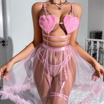 Pink perspective mesh suspender nightdress splicing pure desire style love erotic underwear set